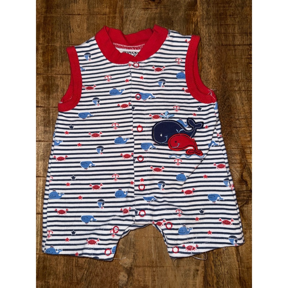 Quacker Jack Baby Boys Nautical Whale Crab Striped Sleeveless Romper 0-3M